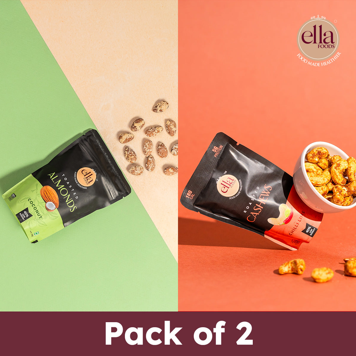 Ella Foods Coconut Toasted Almonds & Chilli Lime Cashews Combo | Pack of 2 x 100g | Low Sodium | Roasted Nut Snacks | Shelf Life - 6 months