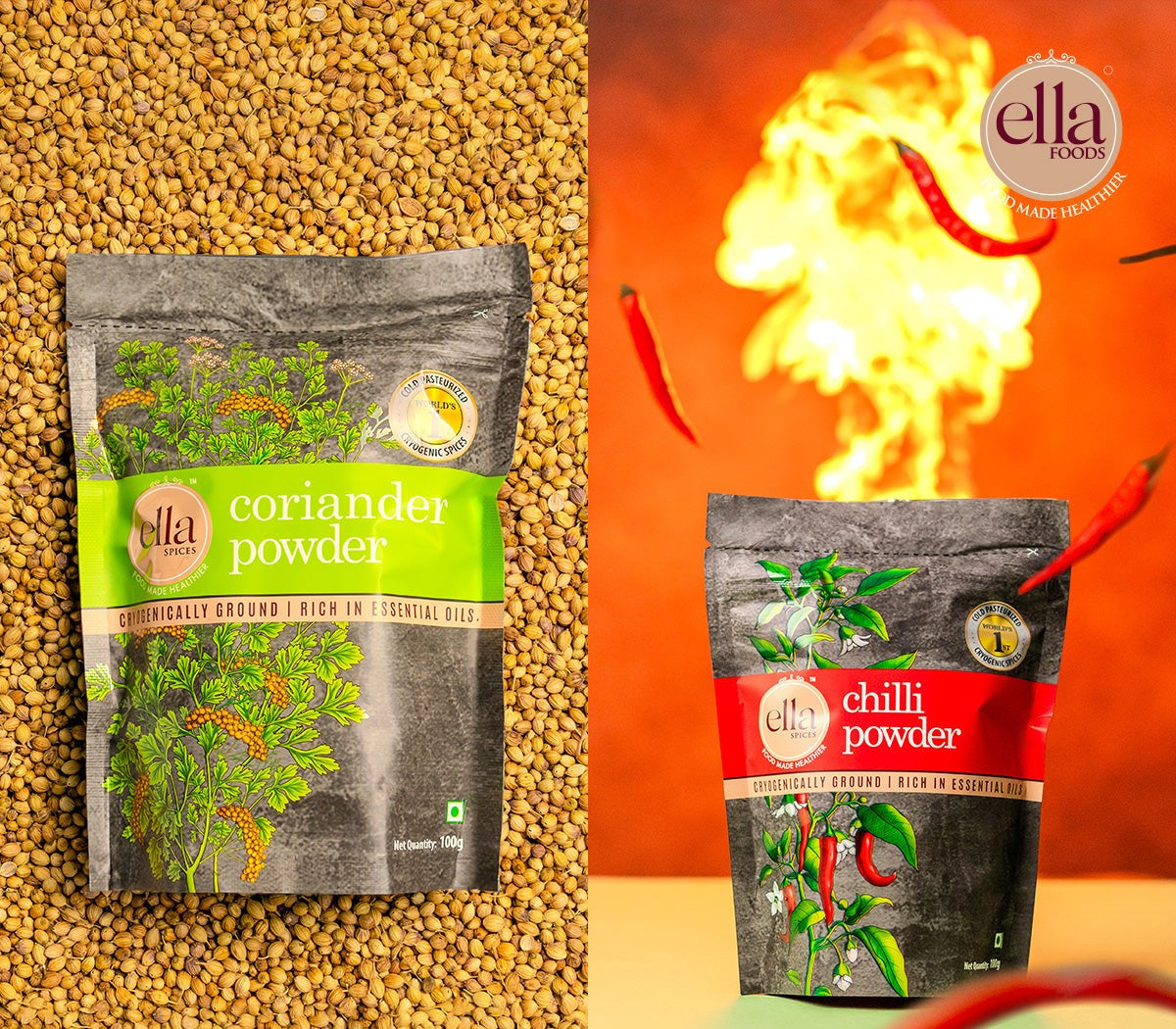 Ella Foods Coriander & Chilli Powder Combo Pack| Pack of 2 (100g each) | Shelf Life - 18 months