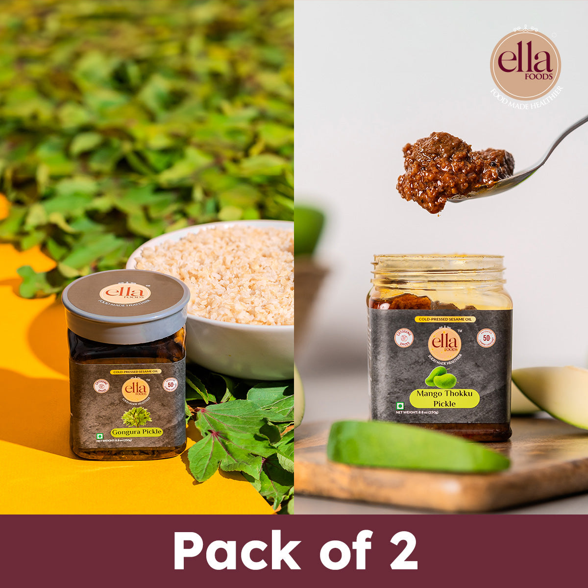 Ella Foods Gongura & Mango Pickle Combo | Pack of 2 (250g Each) | Low Sodium | Cold-Pressed Sesame Oil | 12-Month Shelf Life | Authentic South Indian Pickles