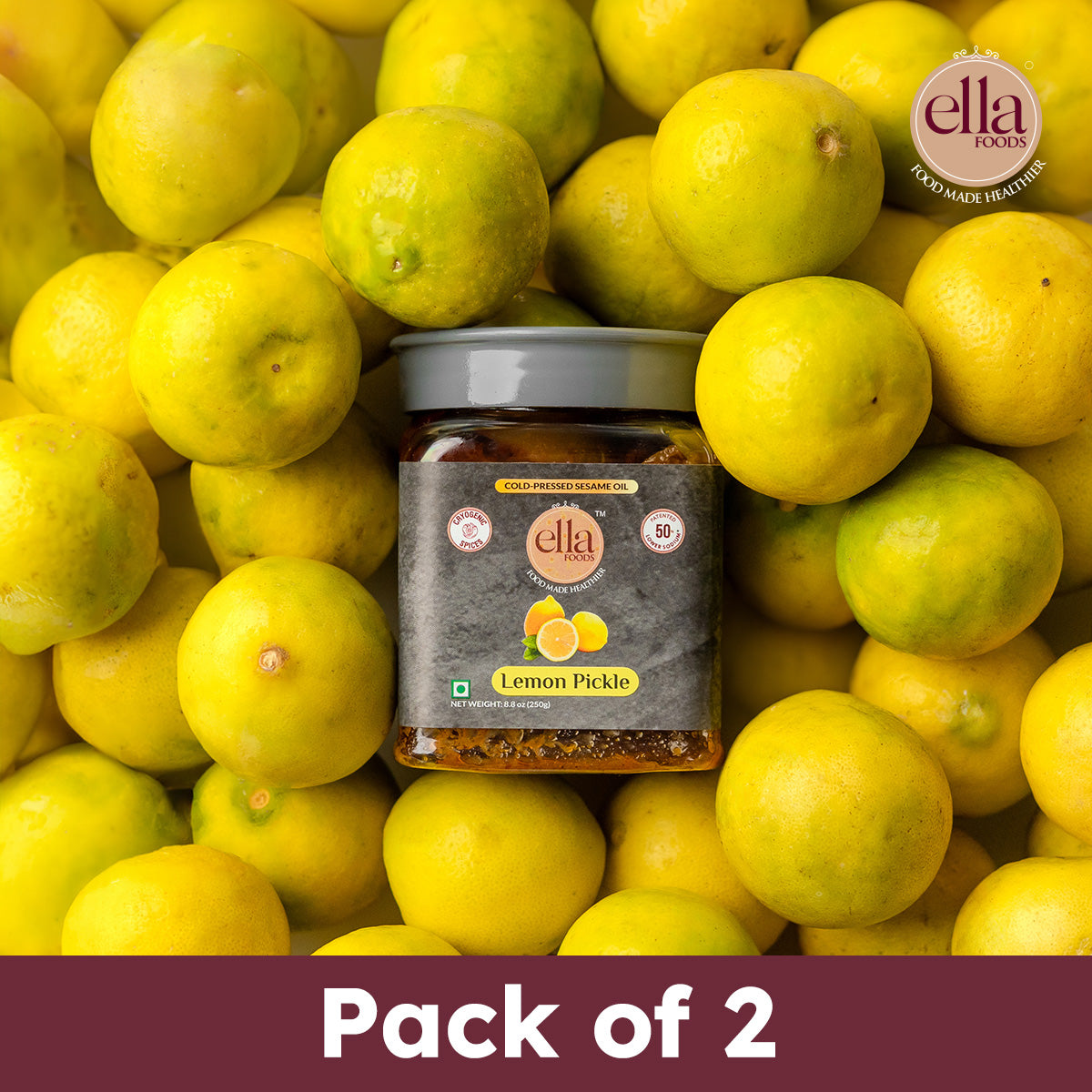 Ella Foods Lemon Pickle | Pack of 2 (250g Each) | Low Sodium | Cold-Pressed Sesame Oil | 12-Month Shelf Life | Fermented Indian Pickle