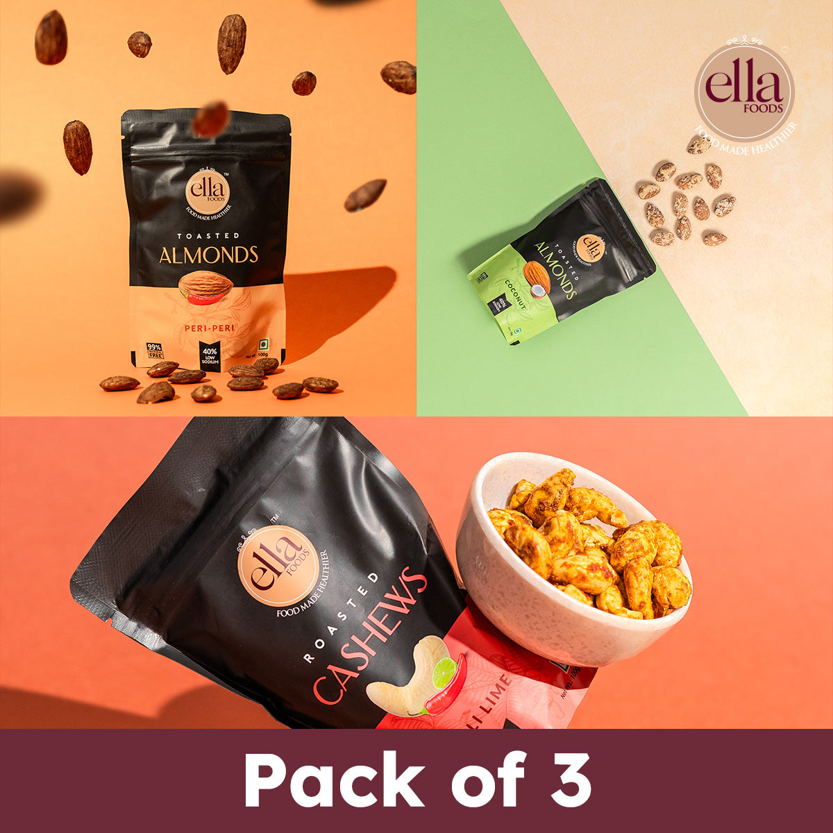 Ella Foods Assorted Nut Pack | Pack of 3 (100g Each) | Peri Peri Almonds, Coconut Toasted Almonds & Chilli Lime Cashews | 40% Low Sodium | Roasted & Flavoured Nuts | 6-Month Shelf Life