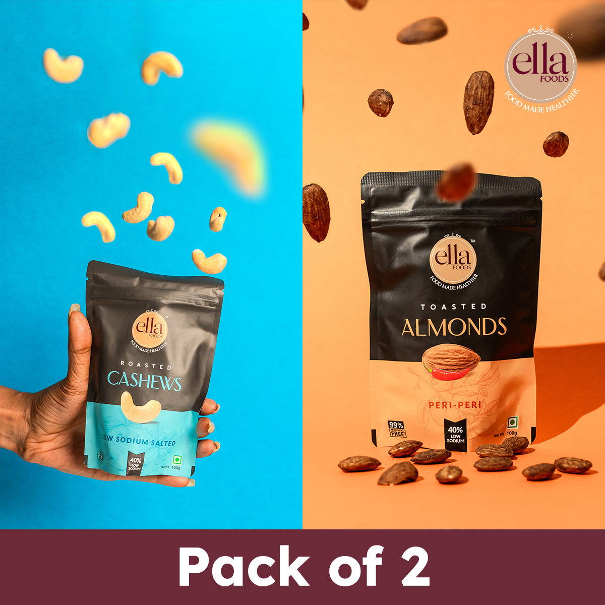 Ella Foods Salted Cashews & Peri Peri Almonds Combo | Pack of 2 (100g Each) | 40% Low Sodium | Roasted Nut Snacks | 6-Month Shelf Life | No Preservatives