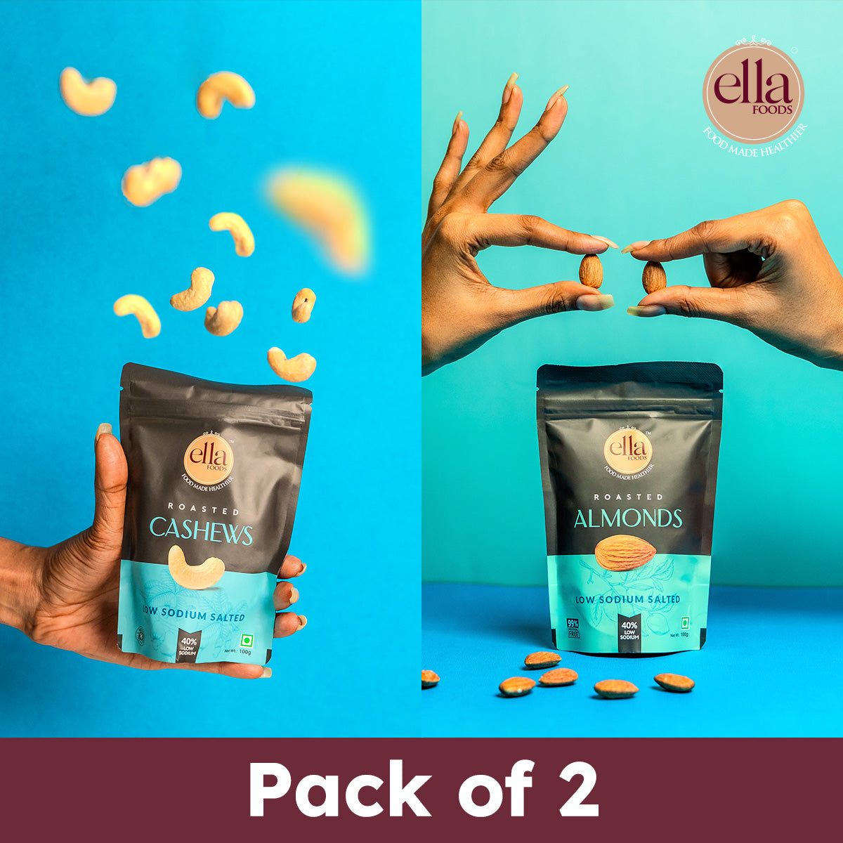 Ella Foods Salted Cashews & Salted Almonds Combo | Pack of 2 (100g Each) | 40% Low Sodium | Roasted Nut Snacks | 6-Month Shelf Life | No Preservatives