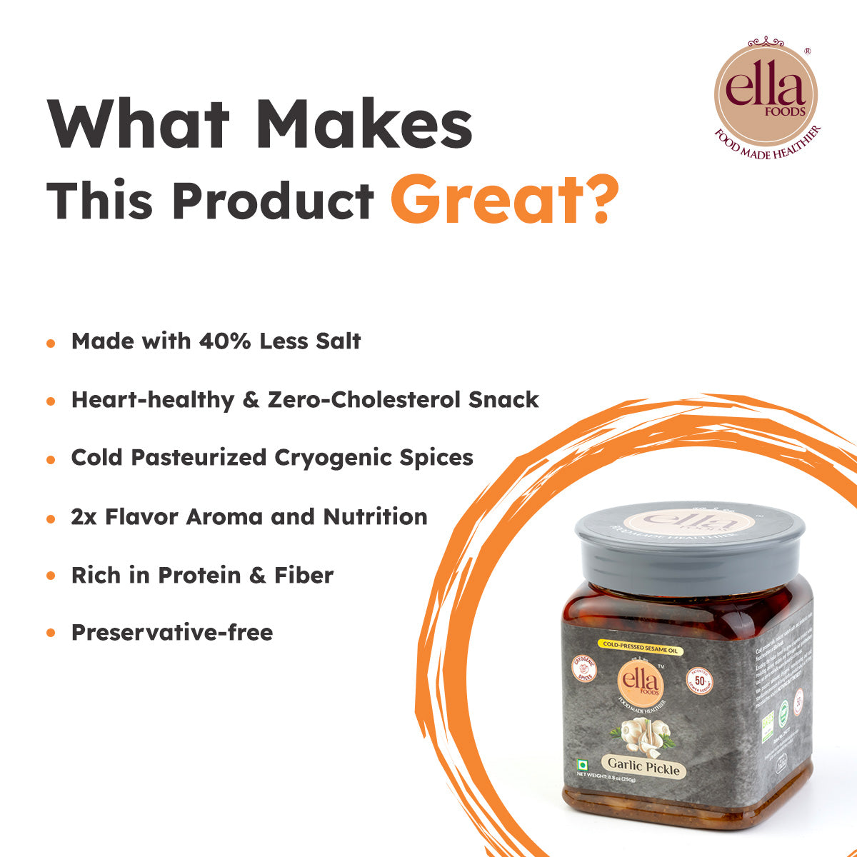 Ella Foods Garlic Pickle Combo Pack | 250g Each | Low Sodium | Cold-Pressed Sesame Oil | 12-Month Shelf Life | Traditional Fermented Pickle