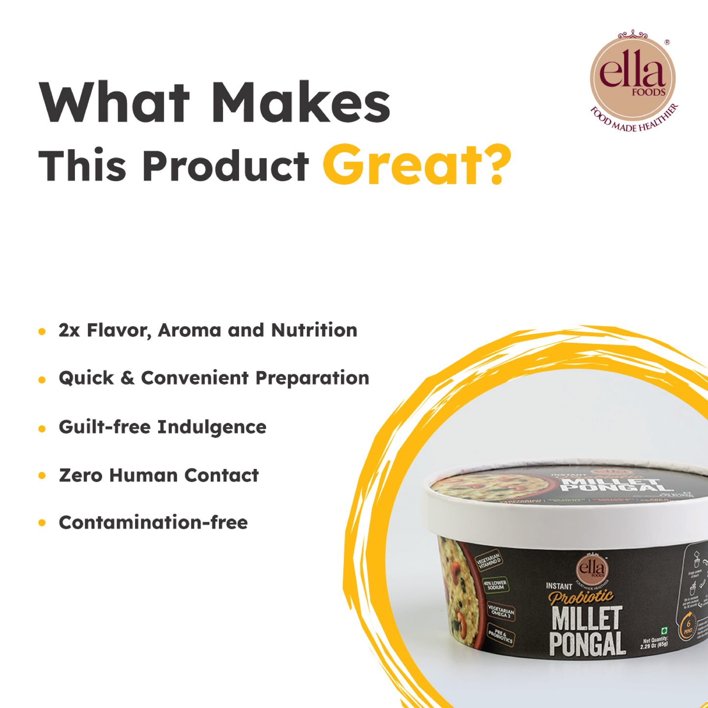 Ella Foods Probiotic Millet Pongal | Ready to Eat | 65g Each | Shelf Life: 6 Months | Combo Pack