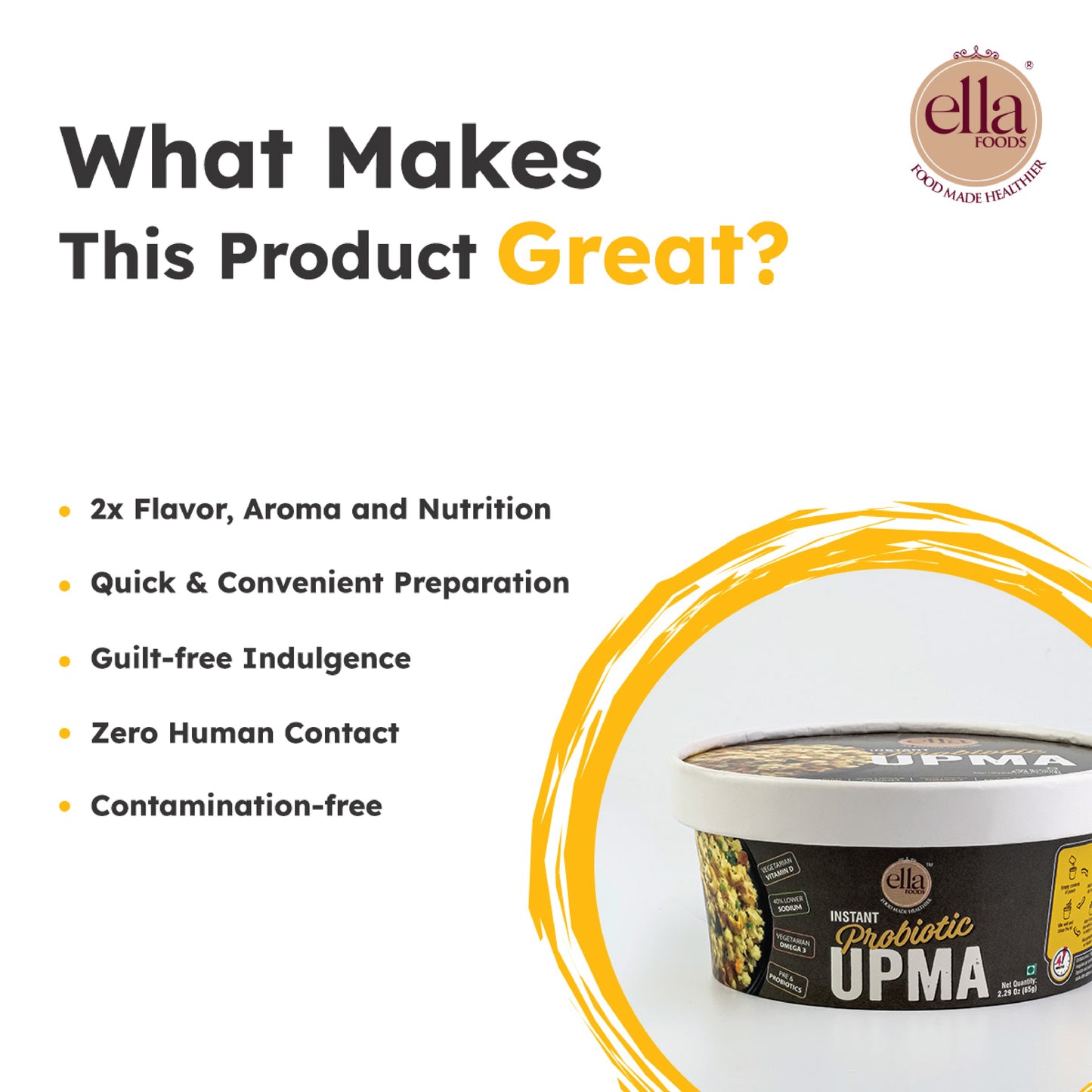 Ella Foods Probiotic Instant Upma | Ready to Eat | Added Pre & Probiotics | 65g | Shelf Life: 6 Months | Pack of 2