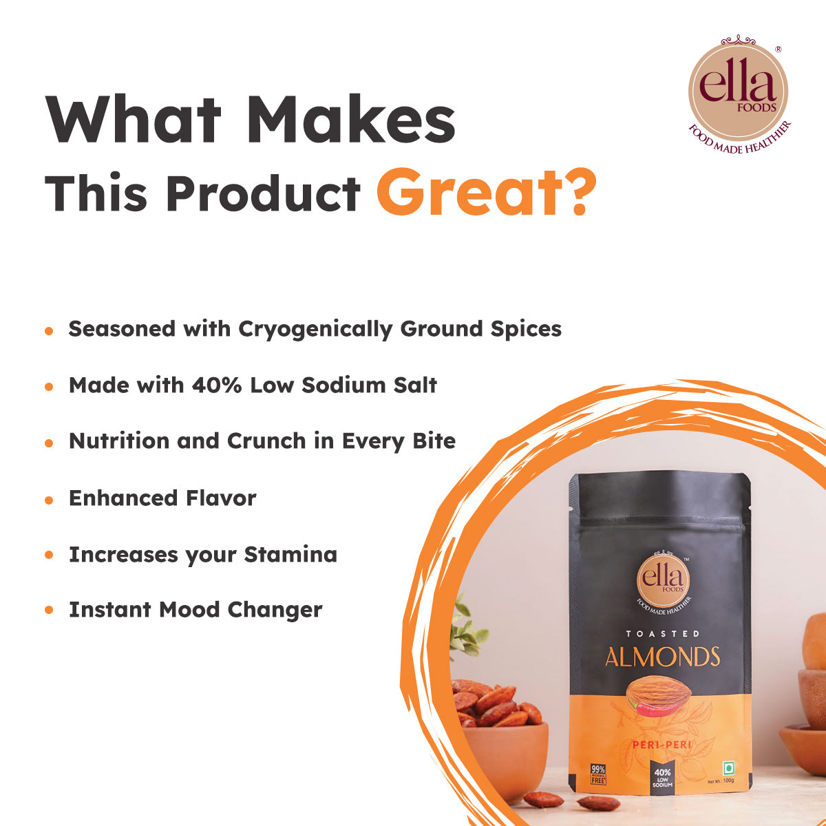 Ella Foods Peri Peri Almonds | Pack of 2 (100g Each) | 40% Low Sodium | Spicy Roasted Almond Snack | 6-Month Shelf Life | No Preservatives
