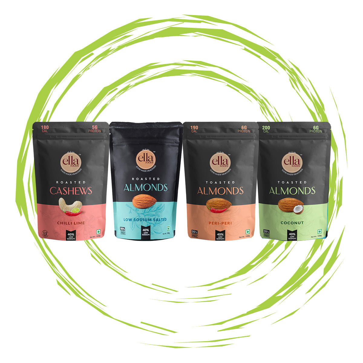 Ella Foods Assorted Nuts Pack | Pack of 4 x 100g | 40% Low Sodium Salt | Healthy Roasted Snacks | Shelf Life - 6 months