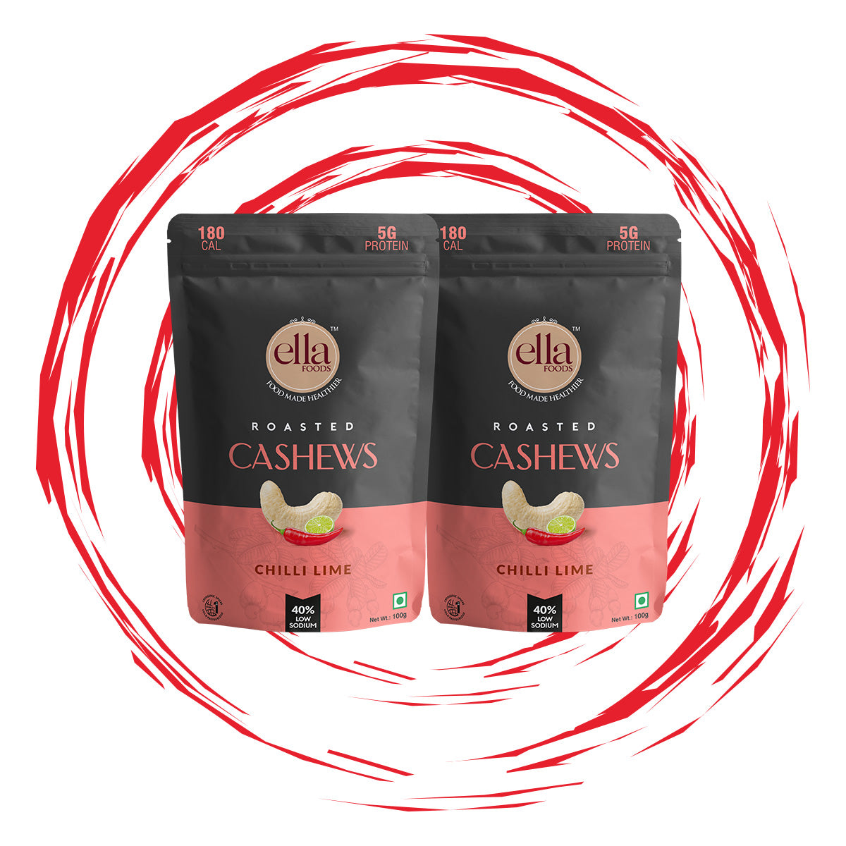 Ella Foods Chilli Lime Cashews | Pack of 2 (100g Each) | 40% Low Sodium | Roasted Cashew Snack | Spicy & Tangy Flavour | 6-Month Shelf Life | No Preservatives