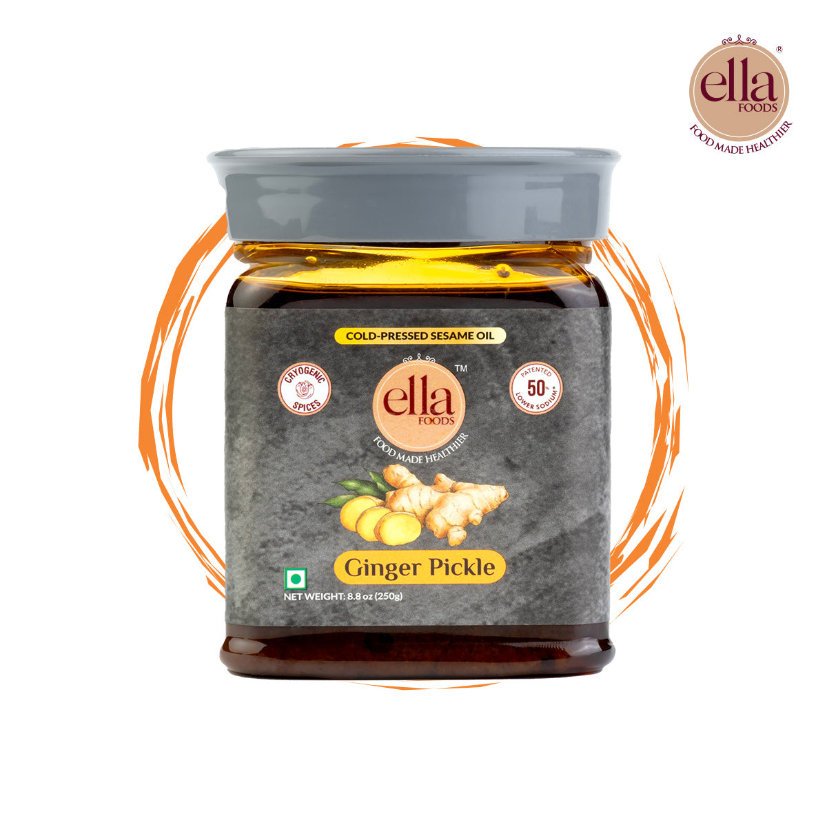 Ella Foods Ginger Pickle | 250g | Low Sodium | Cold-Pressed Sesame Oil | 12-Month Shelf Life | Fermented South Indian Pickle
