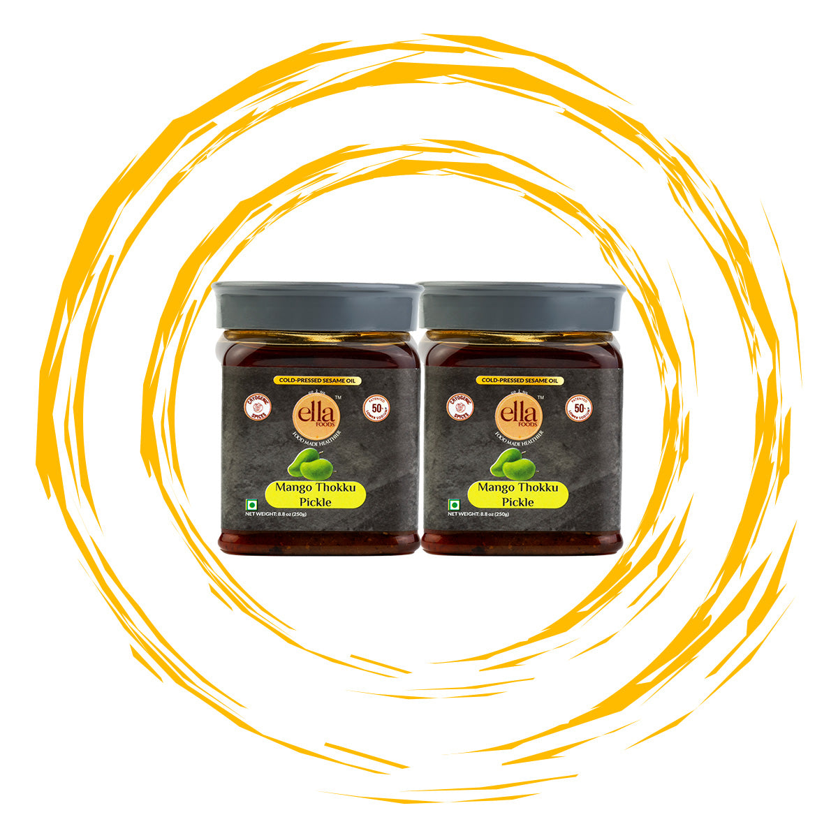 Ella Foods Mango Thokku Pickle | Pack of 2 (250g Each) | Low Sodium | Cold-Pressed Sesame Oil | 12-Month Shelf Life | Authentic South Indian Pickle
