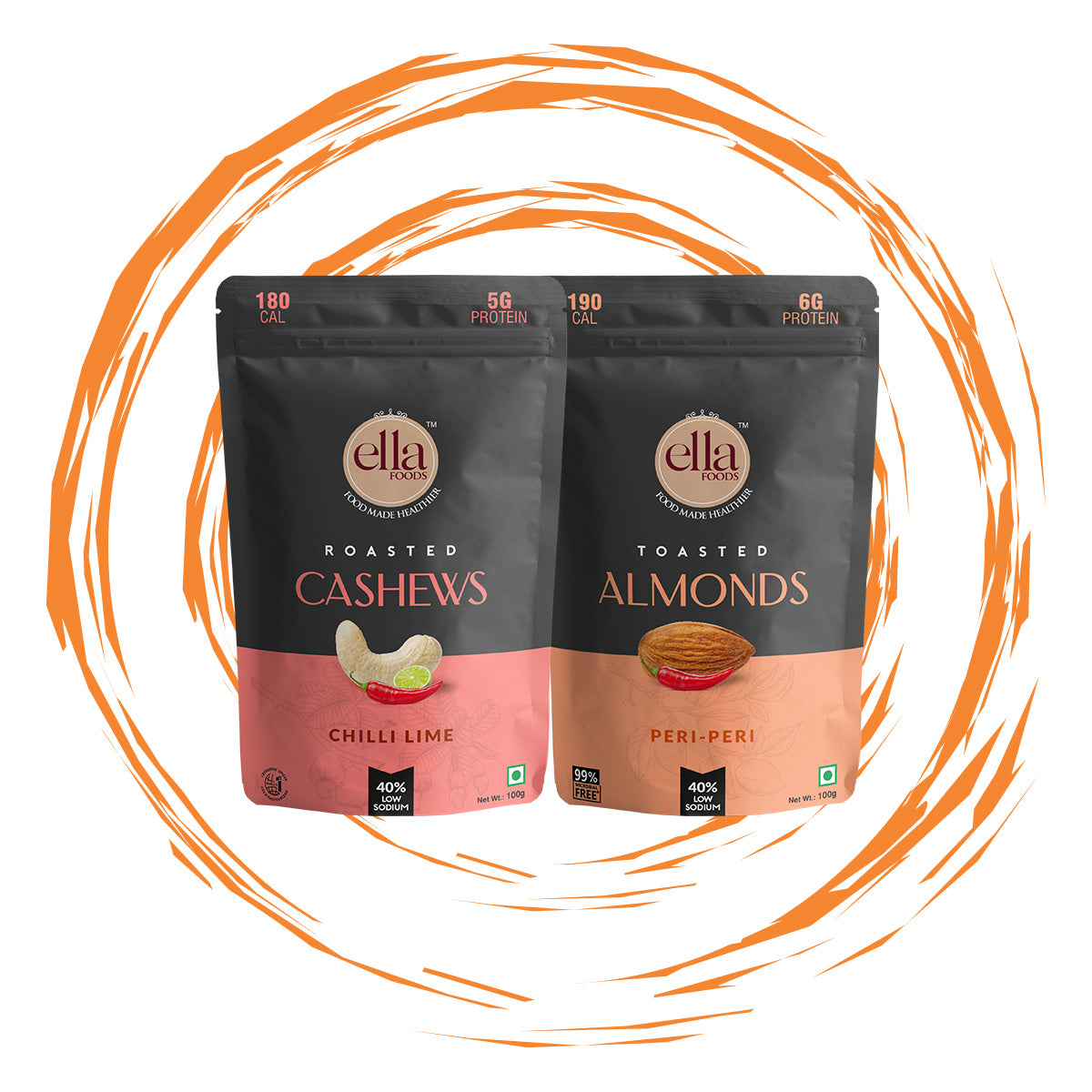 Ella Foods Chilli Lime Cashew & Peri Peri Almonds Combo | Pack of 2 (100g Each) | 40% Low Sodium | Roasted Nut Snacks | 6-Month Shelf Life | No Preservatives