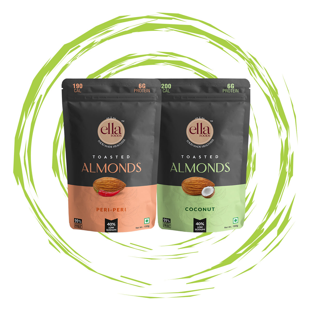 Ella Foods Peri Peri Almonds & Coconut Toasted Almonds Combo | Pack of 2 x 100g | 40% Lower in Sodium | Roasted Snacks | Shelf Life - 6 months