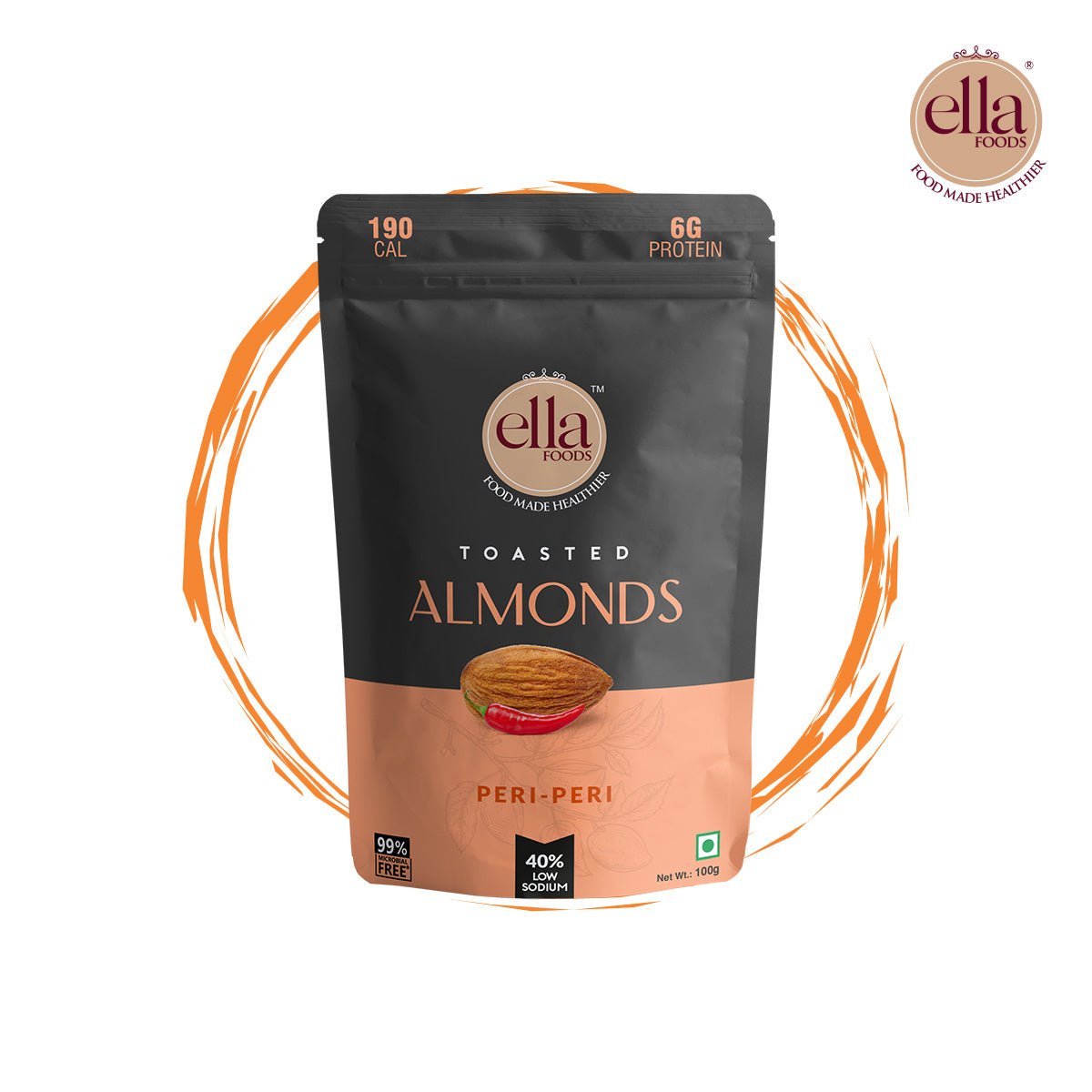 Ella Foods Peri Peri Almonds | 100g | Roasted Almond Snack | 40% Low Sodium | Spicy & Healthy Protein Snack | No Preservatives | Shelf Life - 6 months