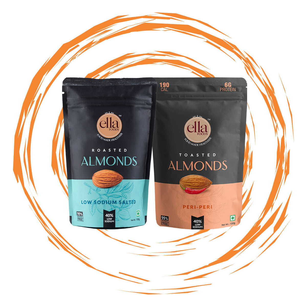 Ella Foods Salted Almonds & Peri Peri Almonds Combo | Pack of 2 x 100g | 40% Low Sodium Salt | Roasted Nut Snacks | Shelf Life - 6 months