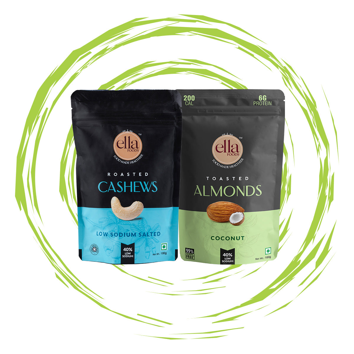 Salted Cashew & Coconut Toasted Almonds Combo | 100 grams each | Pack of 2 | 40% Low Sodium Salt