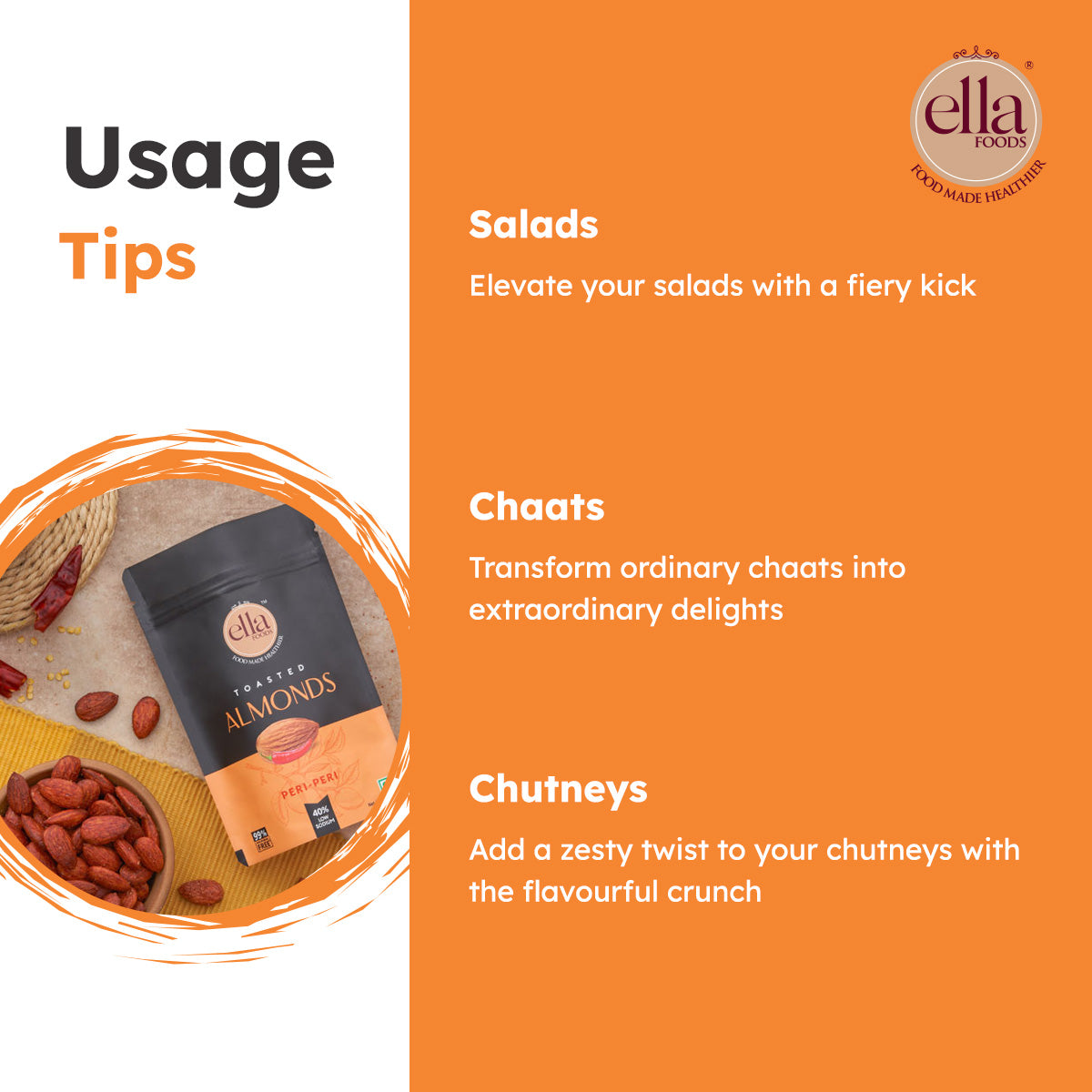 Ella Foods Peri Peri Almonds 100g | Roasted Spicy Almond Snack | 40% Low Sodium | High Protein Healthy Snack | No Preservatives | 6-Month Shelf Life | Pack of 2