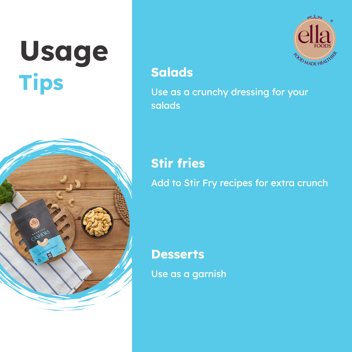 Ella Foods Salted Cashews 100g | Roasted & Lightly Salted | 40% Low Sodium Snack | No Preservatives | 6-Month Shelf Life | No Preservatives | Pack of 2No Preservatives