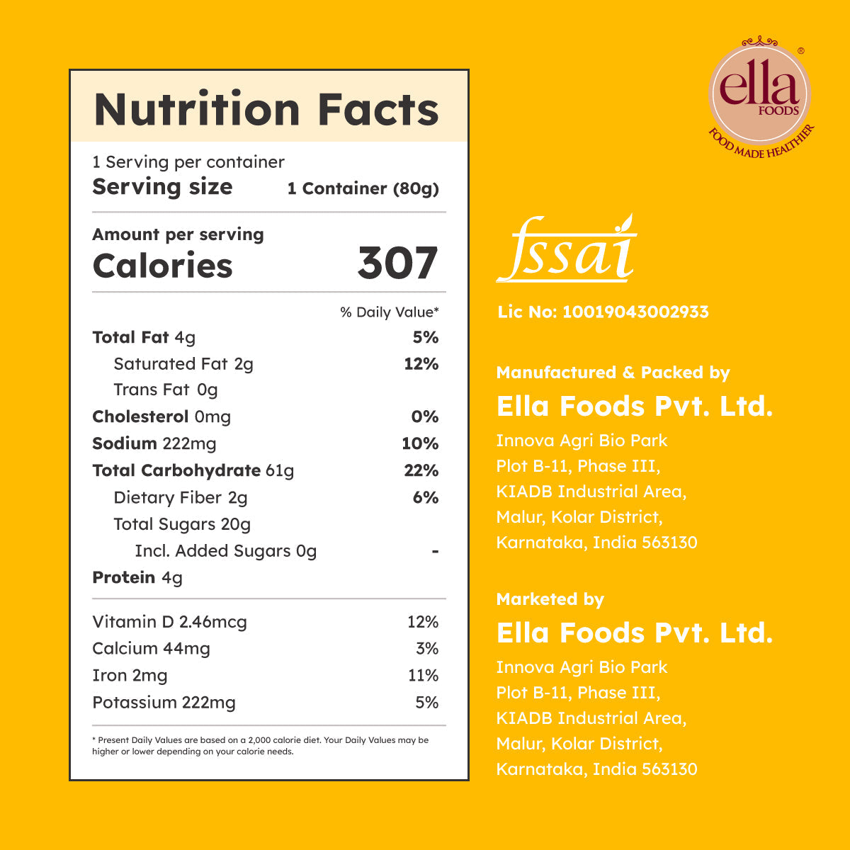Ella Foods Probiotic Millet Sweet Pongal | Ready to Eat | 65g Each | Shelf Life: 6 Months| Pack of 2
