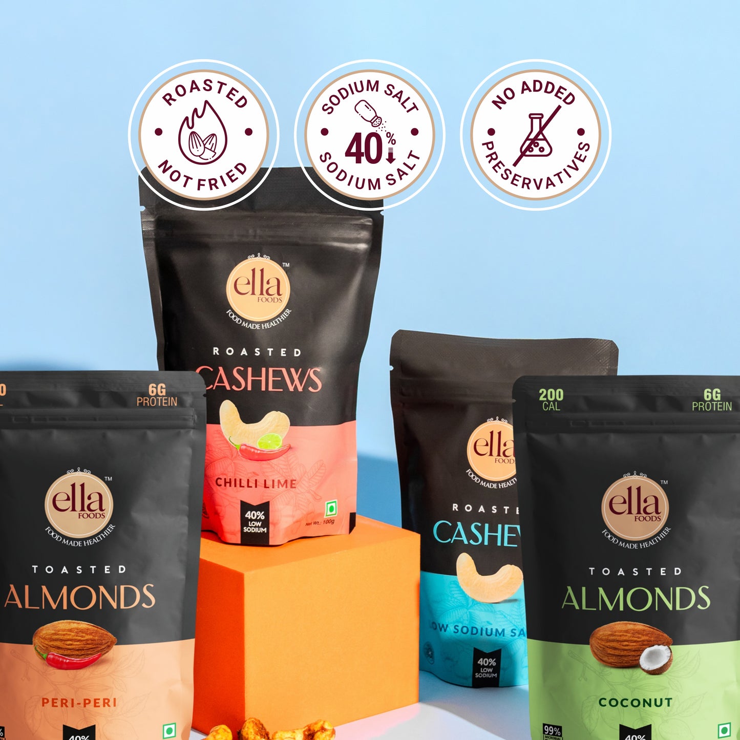 Ella Foods Assorted Nuts Pack (4 x 100g) | Chilli Lime Cashews, Salted Cashews, Peri Peri Almonds & Coconut Toasted Almonds | 40% Low Sodium | Roasted Nut Snacks | 6-Month Shelf Life