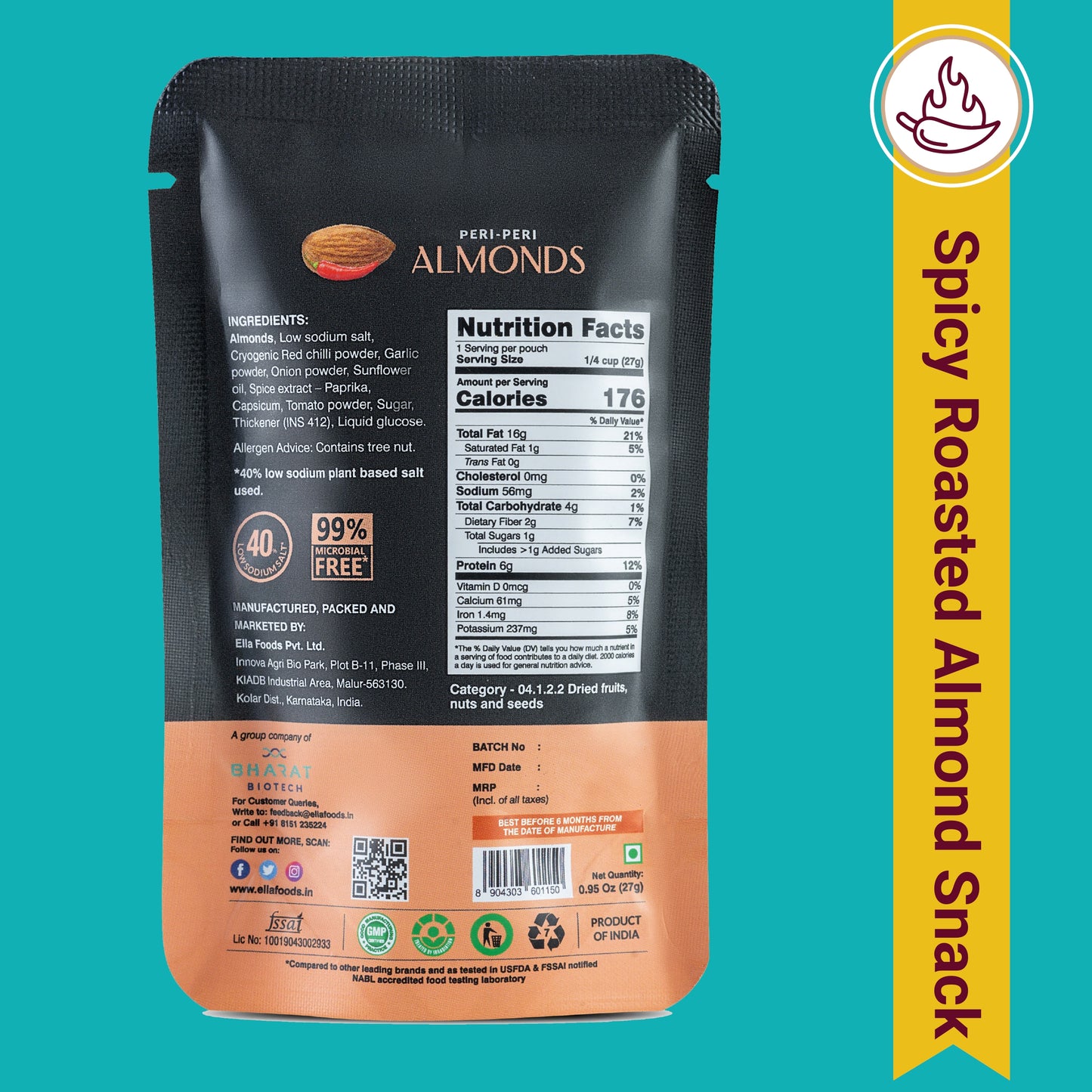 Ella Foods Assorted Mini Nuts Pack (5 x 27g) | Roasted Almonds & Cashews | 40% Low Sodium | Healthy Travel Snack | Portion Packs | 6-Month Shelf Life