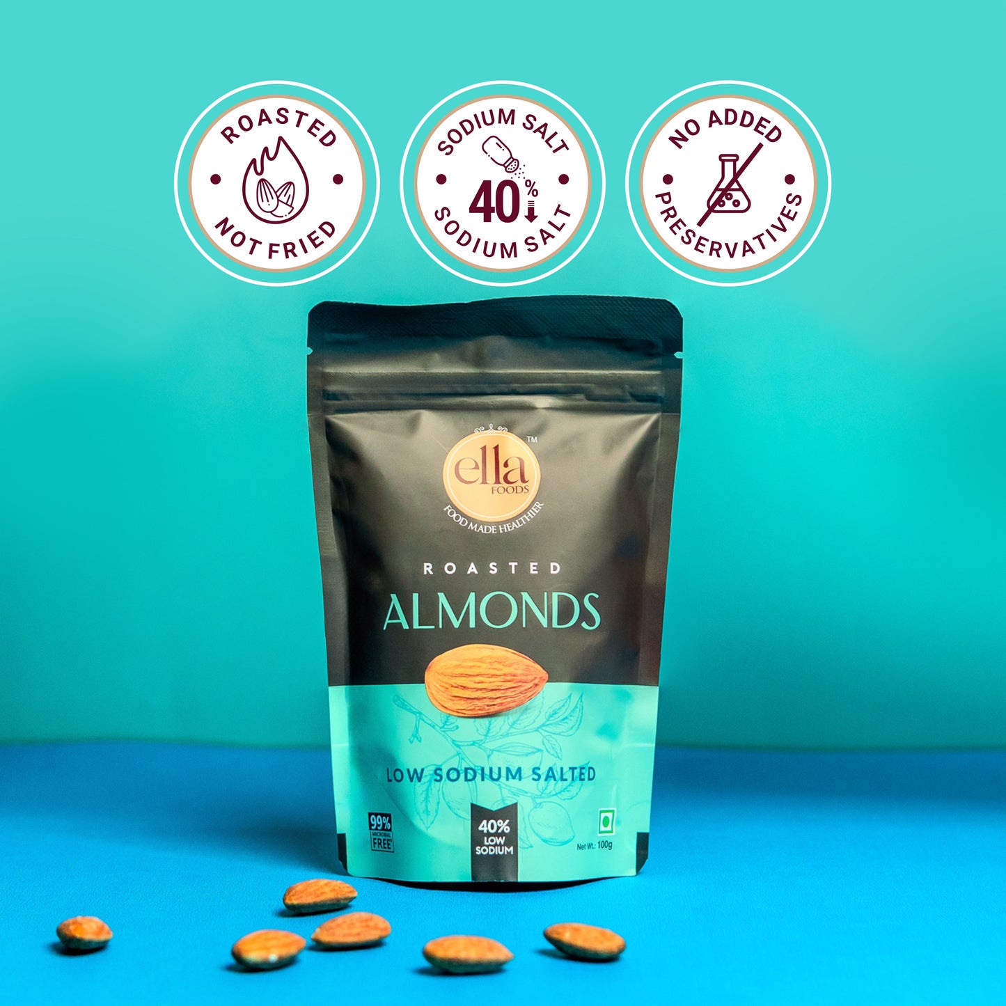 Ella Foods Salted Almonds 100g | Roasted & Crunchy | 40% Low Sodium Salt | Healthy Snack | 6-Month Shelf Life | No Preservatives