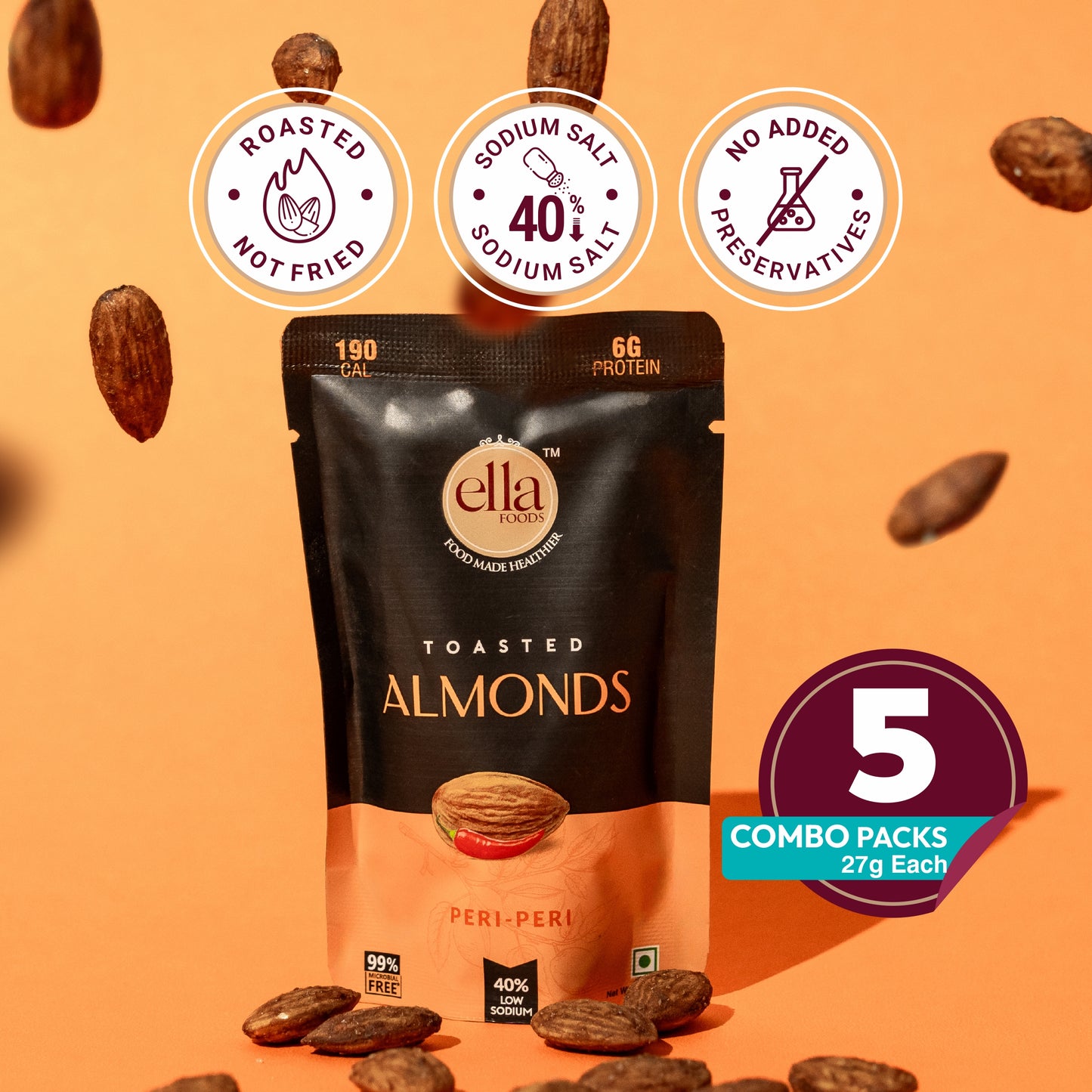 Ella Foods Peri Peri Almonds Mini Pack (5 x 27g) | Spicy Roasted Almond Snack | 40% Low Sodium | Healthy Travel Snack | 6-Month Shelf Life | No Preservatives