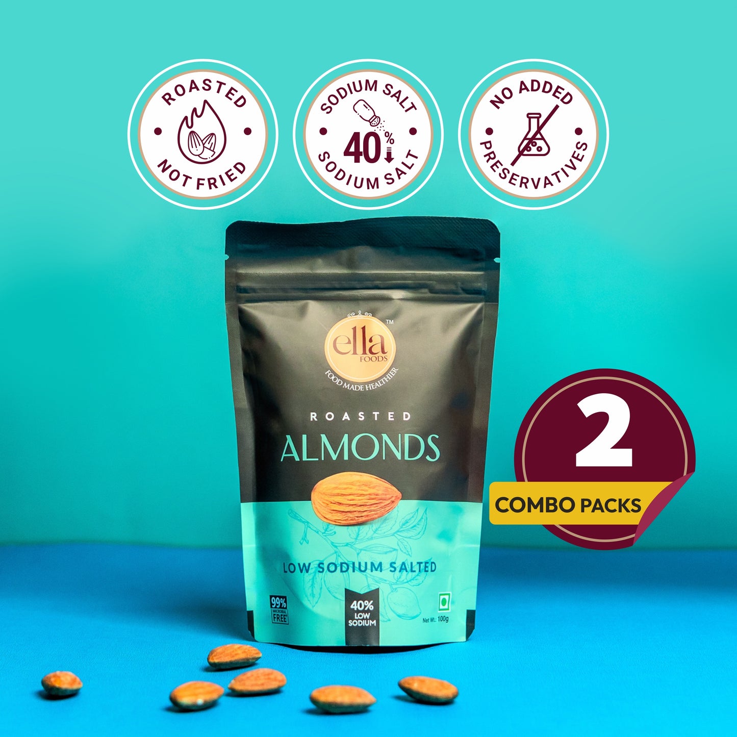 Ella Foods Salted Almonds 100g | Roasted & Crunchy | 40% Low Sodium Salt | Healthy Snack | 6-Month Shelf Life | Pack of 2