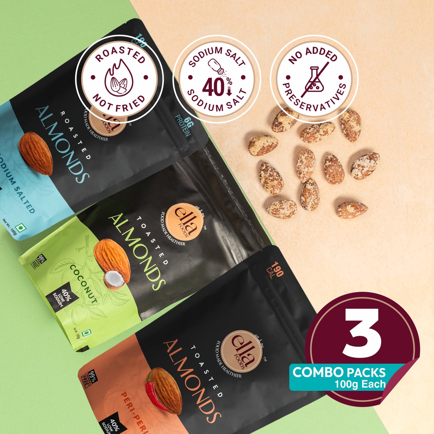Ella Foods Gourmet Almond Trio | Salted, Peri Peri & Coconut Toasted Almonds (100g Each) | Pack of 3 | 40% Low Sodium | Healthy Roasted Almond Snack Gift Pack