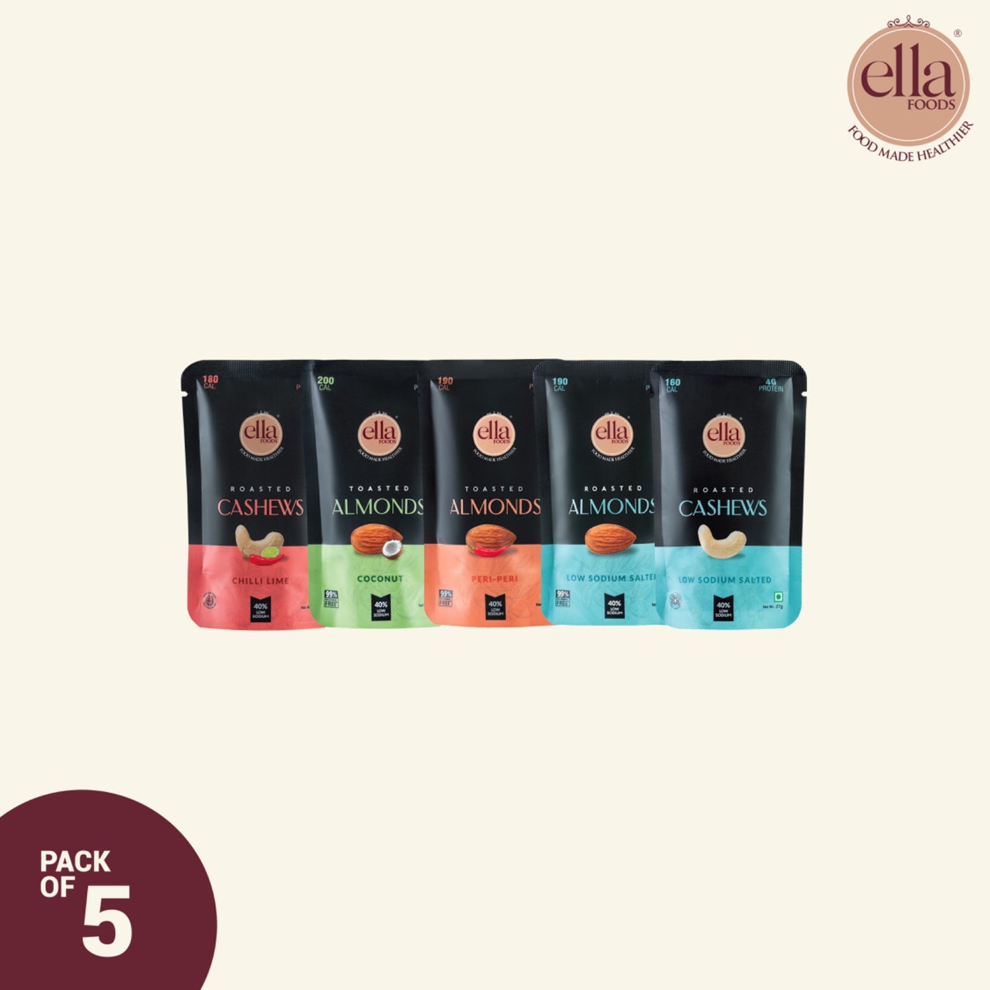 Assorted Pack of Nuts | 27 grams each | Pack of 5 | 40% Low Sodium Salt