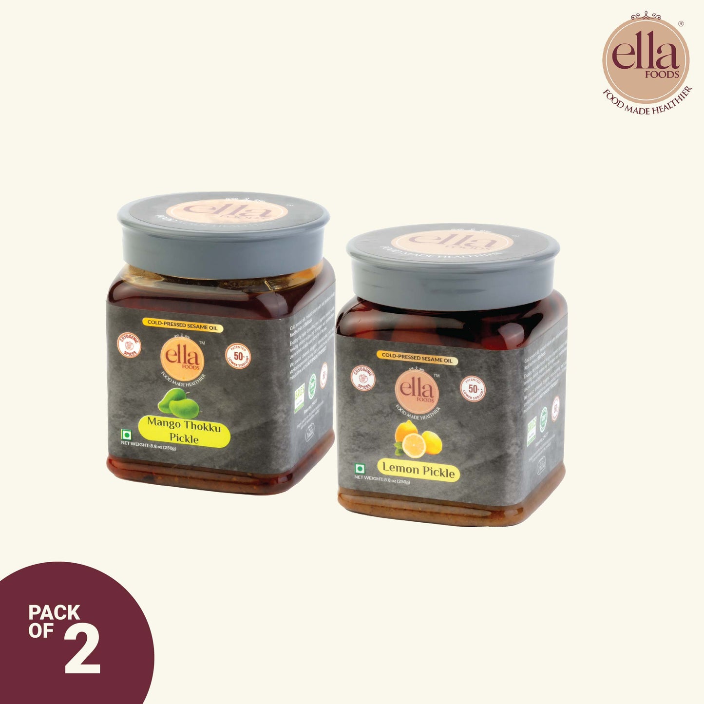 Ella Foods Low Sodium Mango & Lemon Pickle Combo | 250 grams each | Pack of 2 | Cold Pressed Sesame Oil | Shelf Life - 12 months