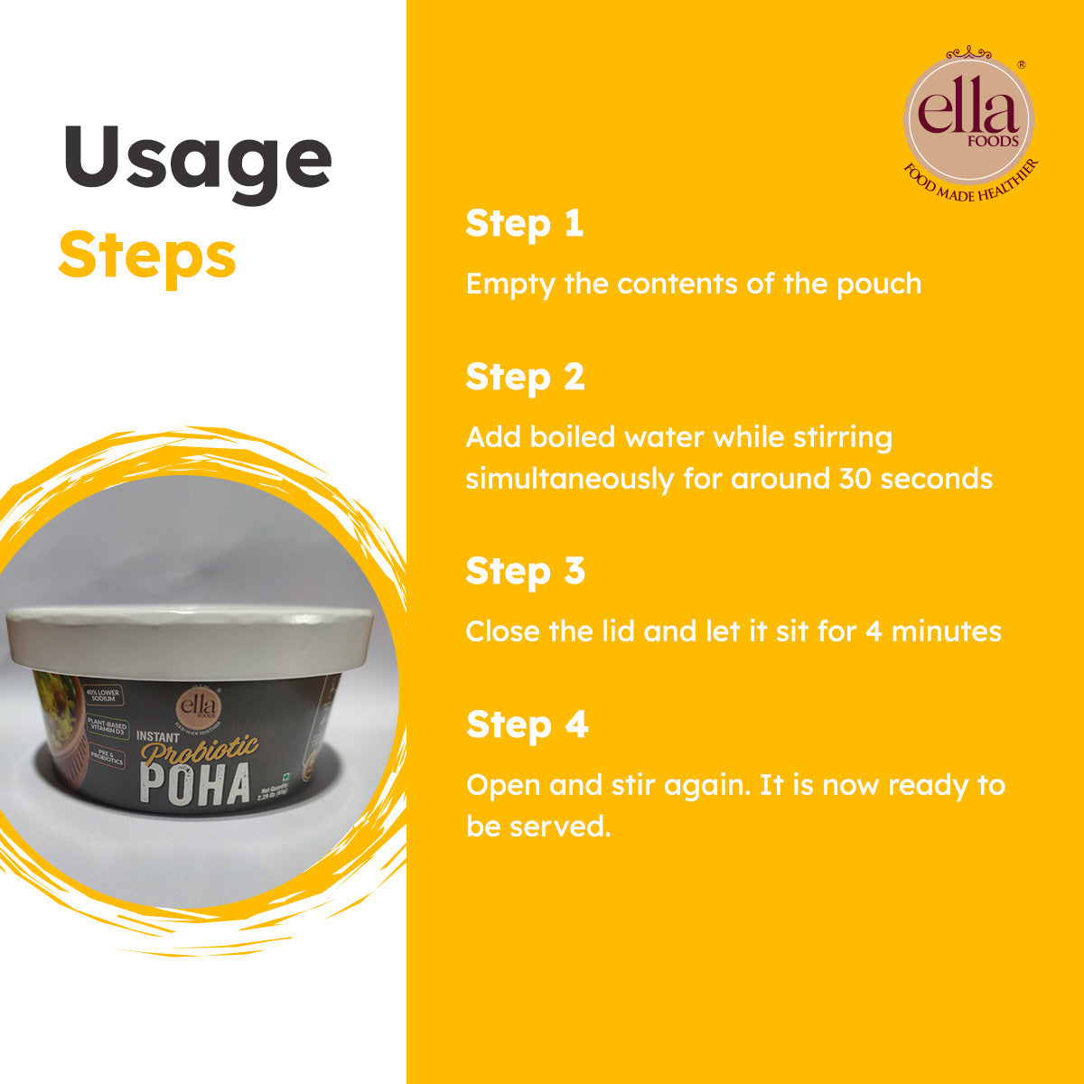 Ella Foods Probiotic Instant Poha | 65g | Ready-to-Eat Meal | Shelf Life : 6 Months