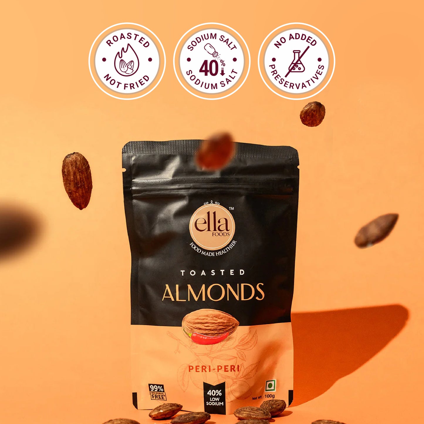 Ella Foods Gourmet Almond Trio | Salted, Peri Peri & Coconut Toasted Almonds 100g Each | Healthy Flavoured Nuts Gift Pack