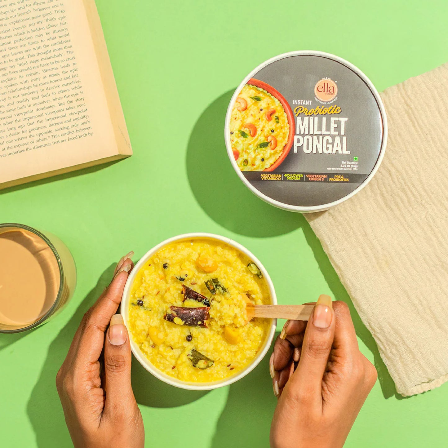 Ella Foods Millet Delight Combo | Millet Khara Pongal, Tangy Millet Poha, Chilli Lime Cashews 27g & Peri Peri Almonds 27g | Healthy Ready-to-Eat Meal Pack