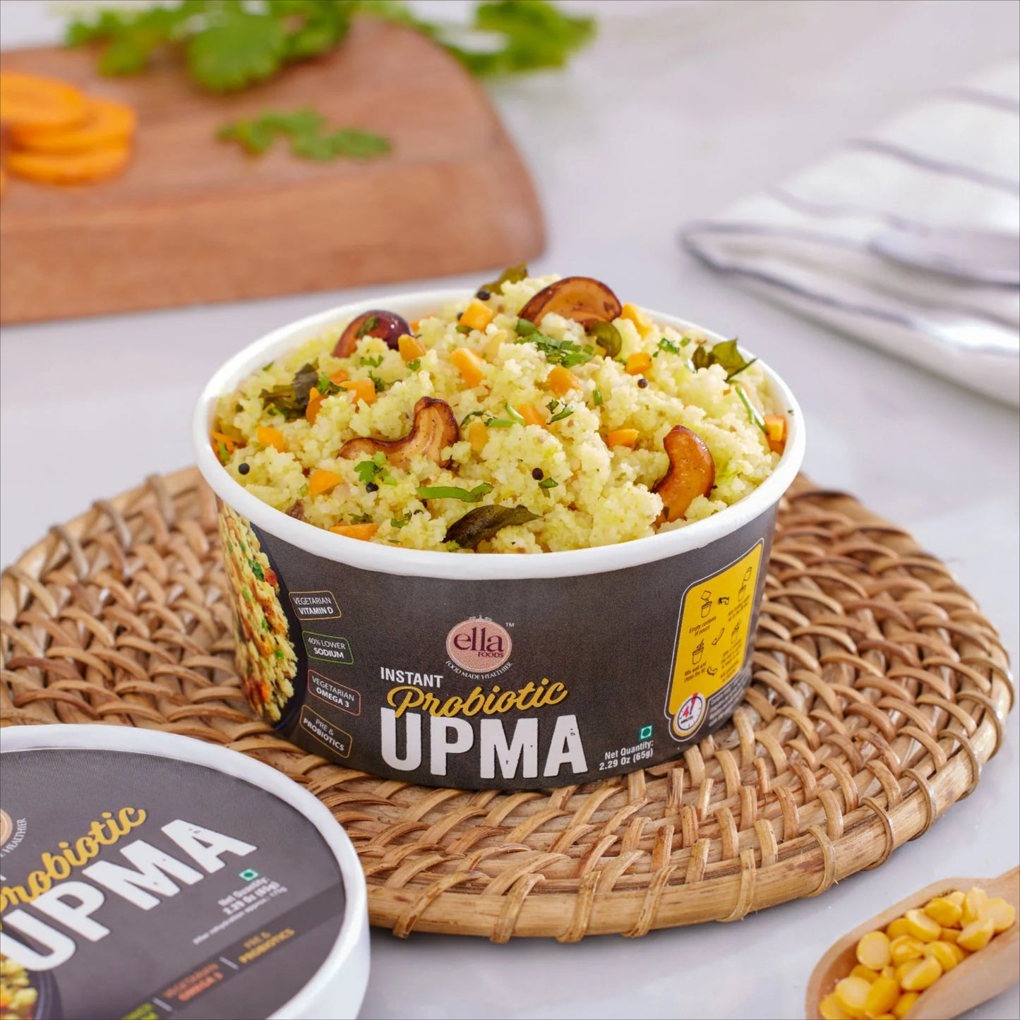 Ella Foods Wholesome Morning Combo | Probiotic Instant Upma & Salted Almonds 27g | Healthy Ready-to-Eat Breakfast Pack
