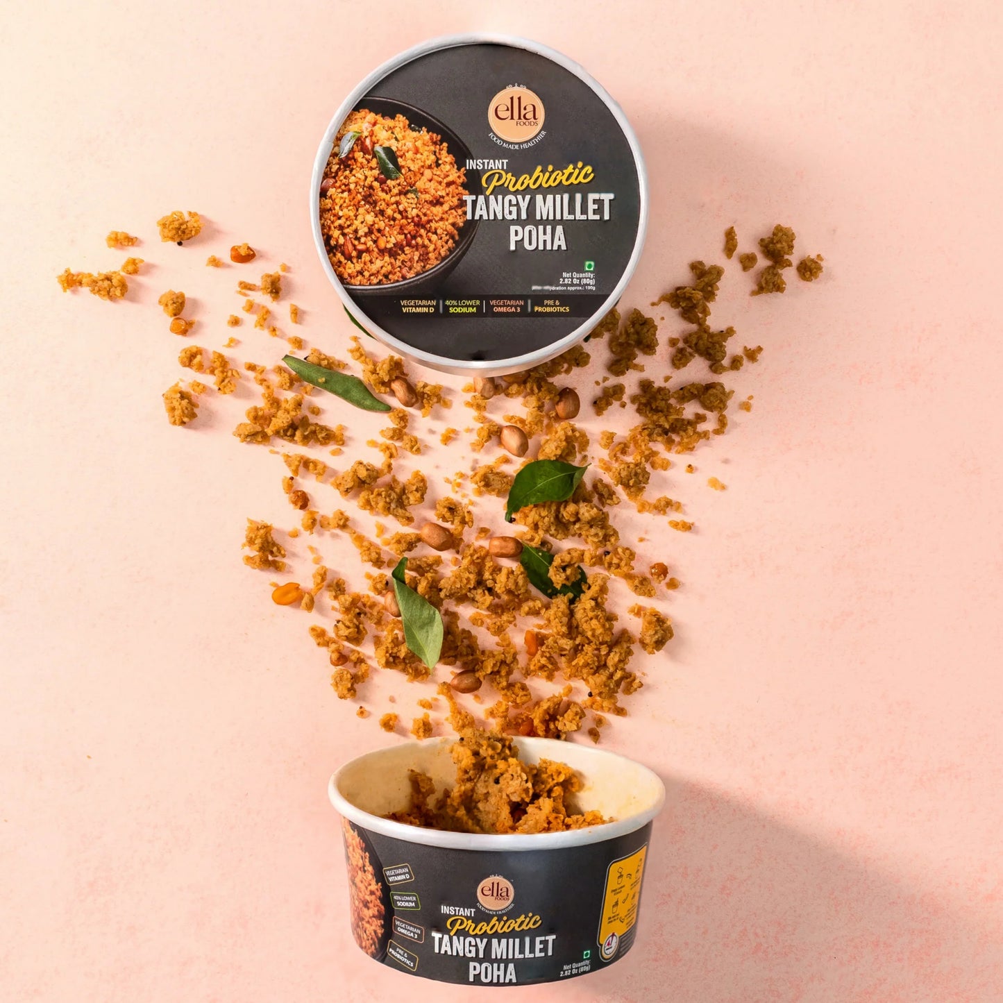 Ella Foods Complete Breakfast & Snack Combo | Tangy Millet Upma, Instant Poha, Salted Almonds 27g, Chilli Lime Cashews 27g & Coconut Toasted Almonds 27g | Healthy Ready-to-Eat Pack
