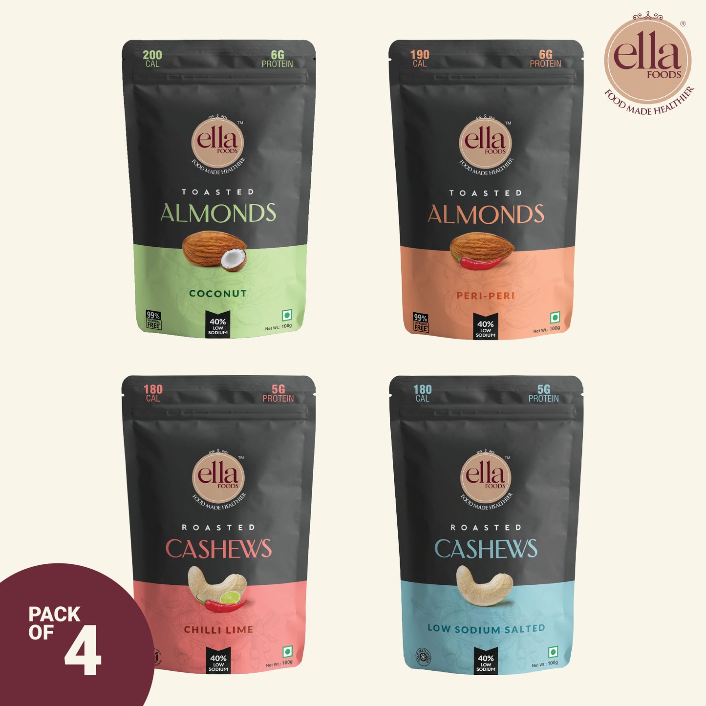 Assorted Nuts Combo by Ella Foods | 4 Flavours | 100g Each | Low Sodium | Roasted & Seasoned | Shelf Life - 6 months