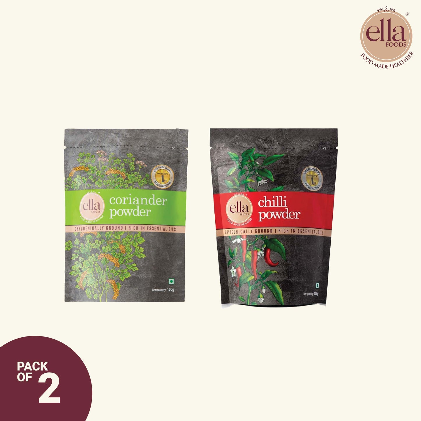 Ella Foods Coriander & Chilli Powder Combo Pack| Pack of 2 (100g each) | Shelf Life - 18 months