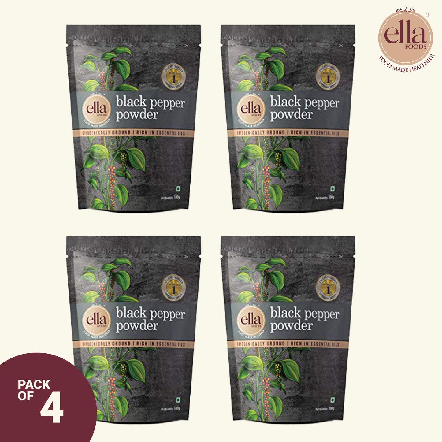 Ella Foods Spices Combo | Pack of 4 (100g Each) | Black Pepper, Chilli, Turmeric & Coriander Powder | Cryogenically Ground | 100% Pure | 2X Aroma | 18-Month Shelf Life