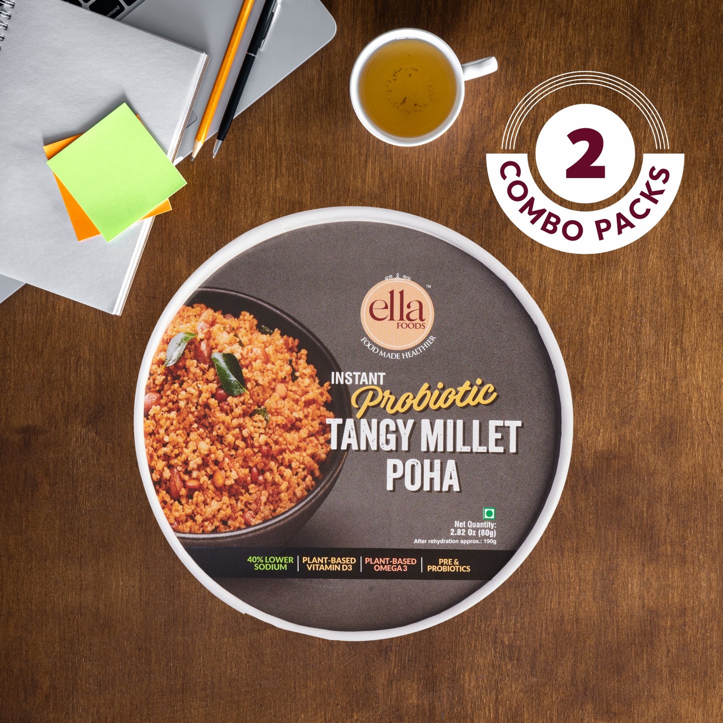 Ella Foods Probiotic Tangy Millet Poha | With Probiotics, Millets & Healthy Fats | Instant Indian Food | Gut-Friendly | 80g | Shelf Life: 6 Months |Multi Pack