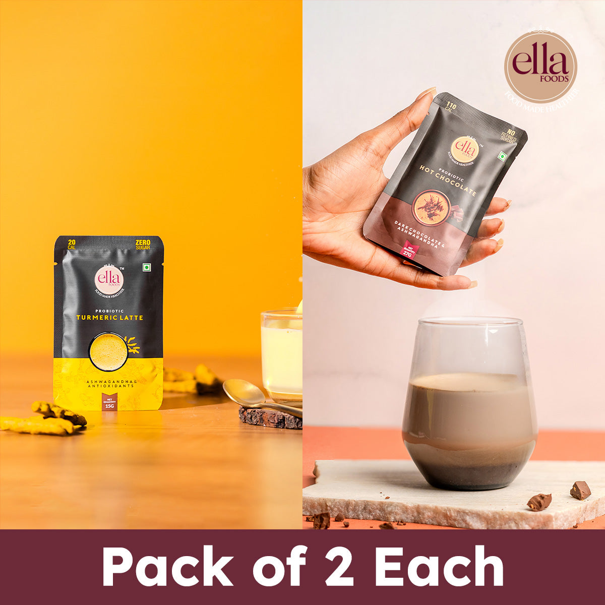 Turmeric Latte - 15g & Hot Chocolate Combo - 27g - Pack Of 2 Each