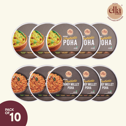 Ella Foods Ready to Eat Combo | Instant Poha 65g & Tangy Millet Poha 80g | Pack of 10 (5 Each) | With Added Probiotics | Shelf Life: 6 Months