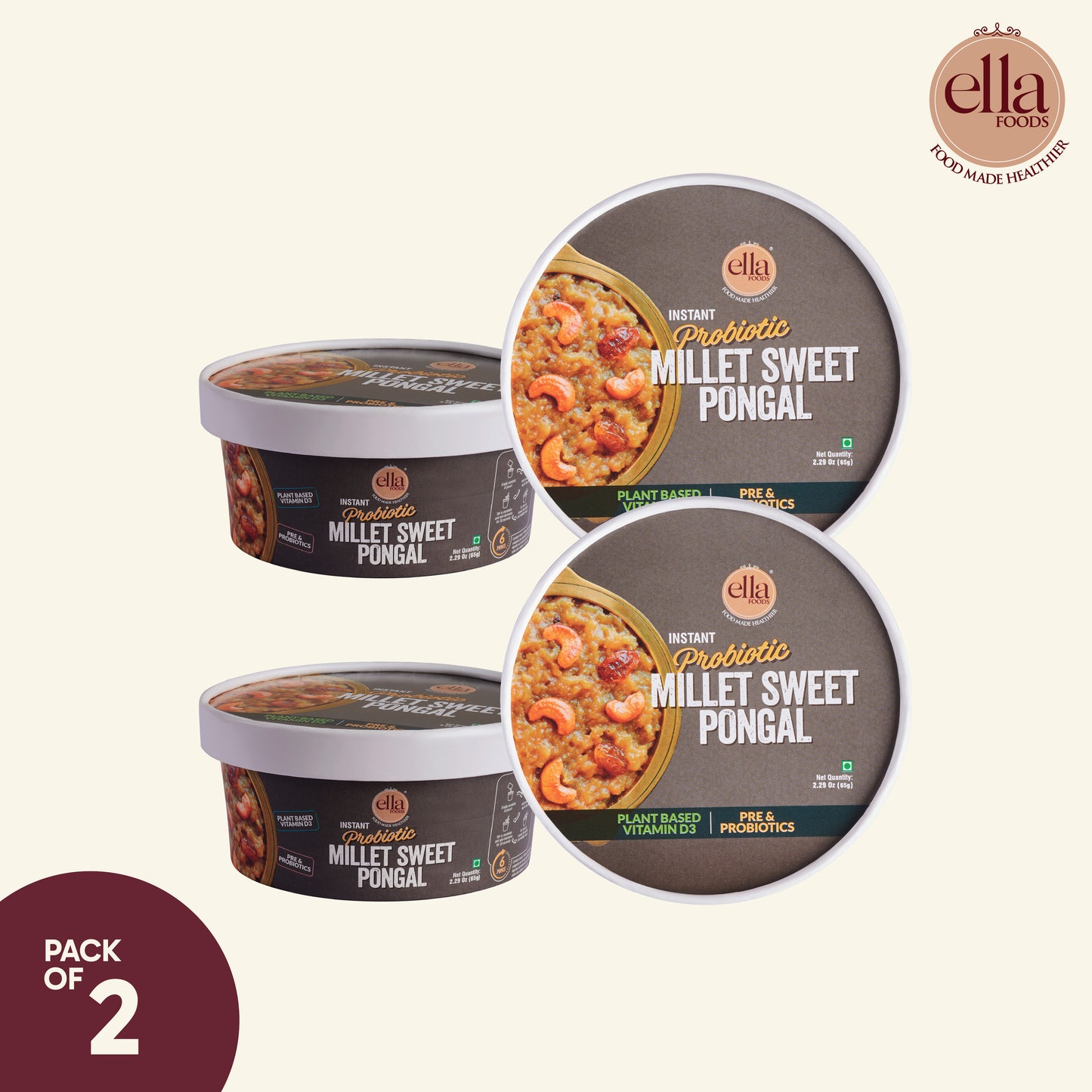Ella Foods Probiotic Millet Sweet Pongal | Ready to Eat | 65g Each | Shelf Life: 6 Months| Pack of 2