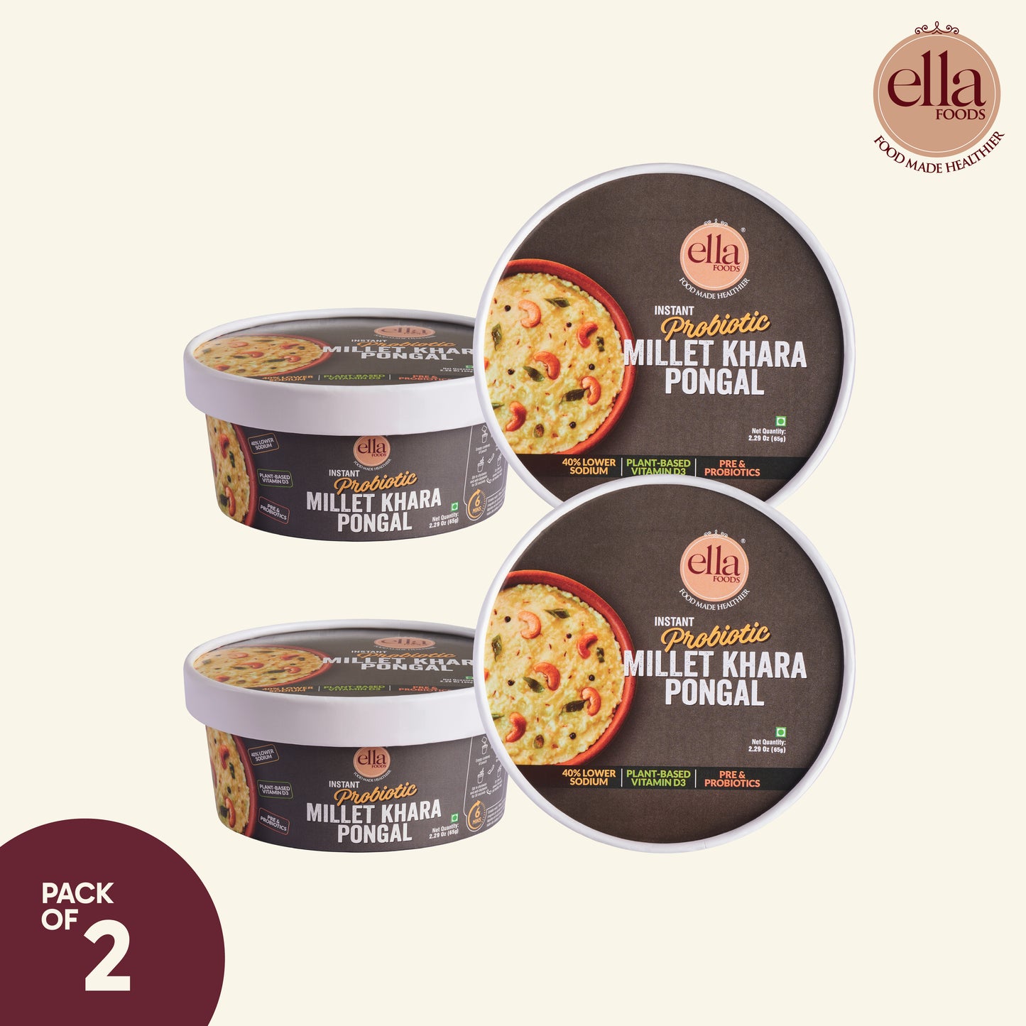 Ella Foods Probiotic Millet Pongal | Ready to Eat | 65g Each | Shelf Life: 6 Months| Pack of 2