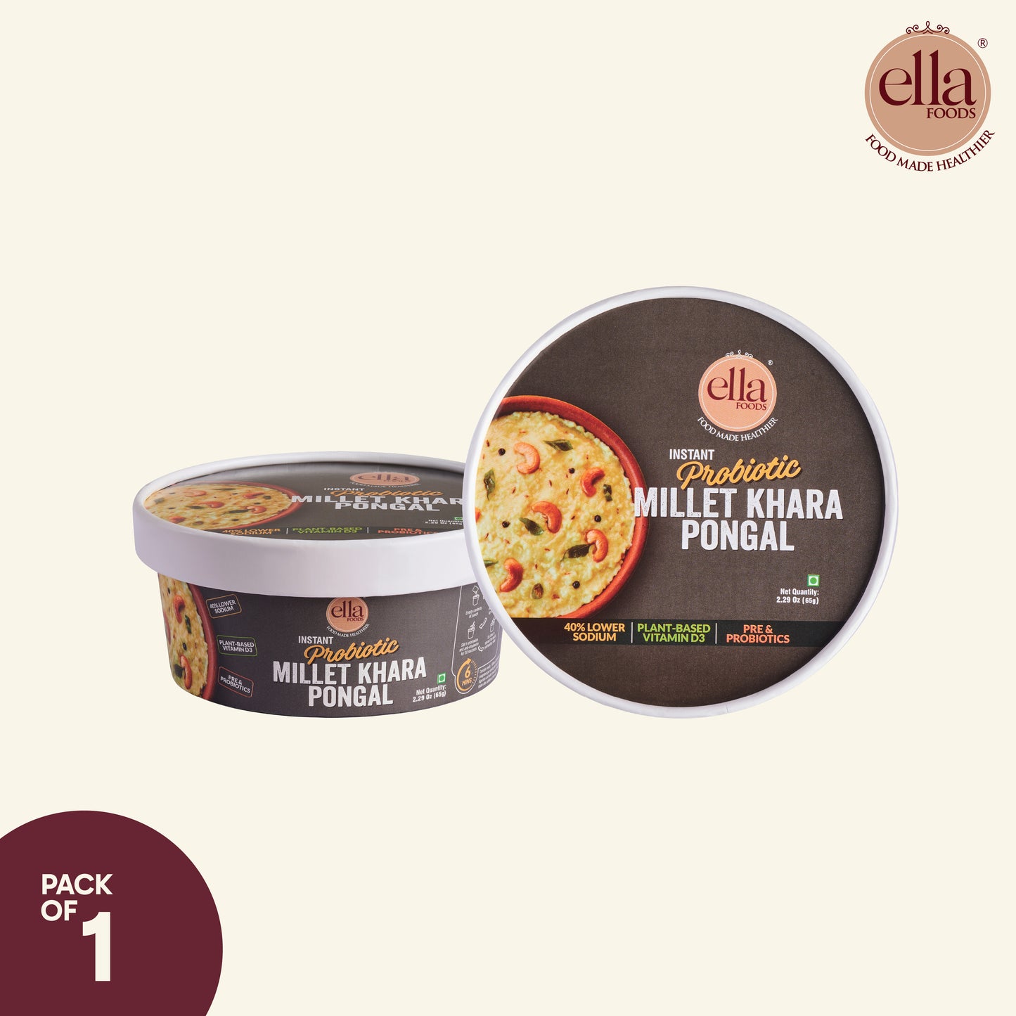 Ella Foods Probiotic Millet Khara Pongal | Ready to Eat | 65g Each | Shelf Life: 6 Months | Multi Pack