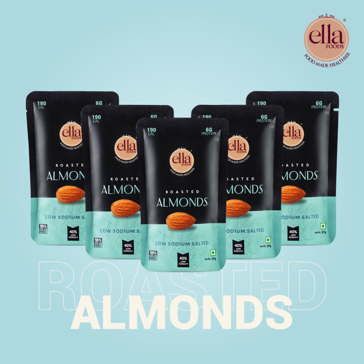 Ella Foods Salted Almonds Mini Pack (5 x 27g) | 40% Low Sodium Roasted Almond Snack | Healthy On-the-Go Snack | 6-Month Shelf Life