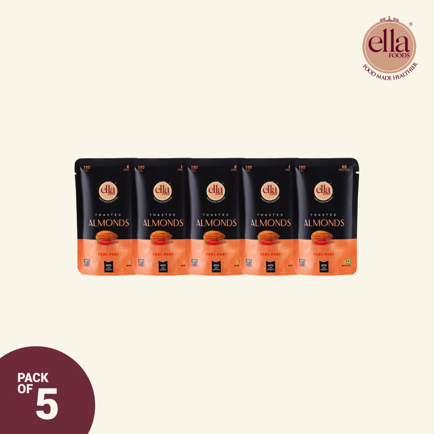 Ella Foods Peri Peri Almonds Mini Pack (5 x 27g) | Spicy Roasted Almond Snack | 40% Low Sodium | Healthy Travel Snack | 6-Month Shelf Life | No Preservatives