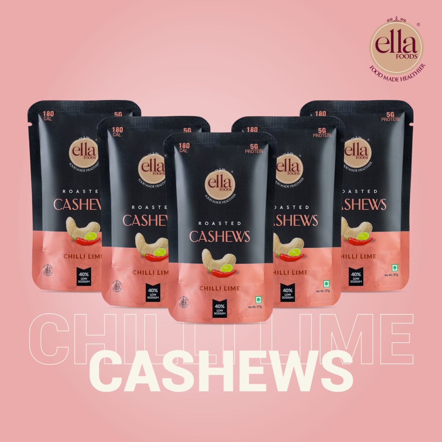 Ella Foods Chilli Lime Cashews Mini Pack (5 x 27g) | Tangy & Spicy Roasted Cashew Snack | 40% Low Sodium | Travel-Friendly | 6-Month Shelf Life