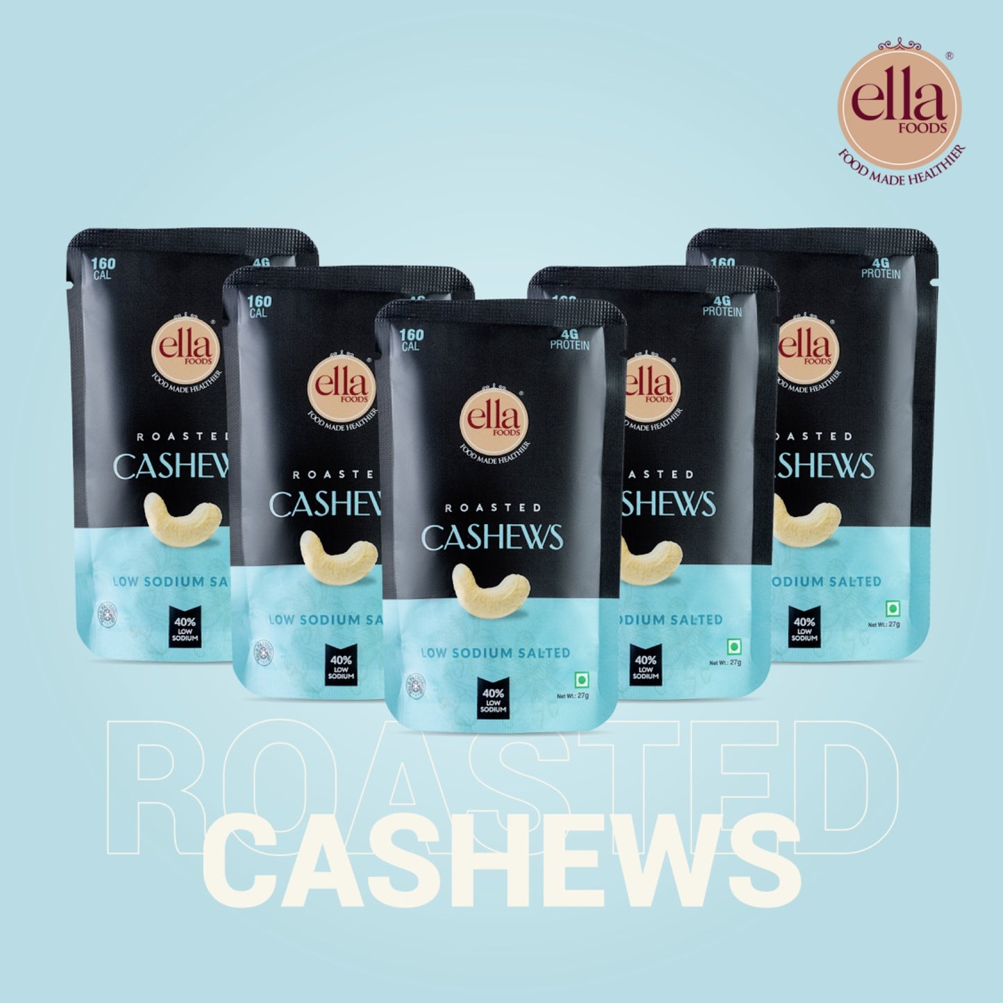 Salted Cashews | 27 grams each | Mini Pack of 5 | 40% Low Sodium Salt
