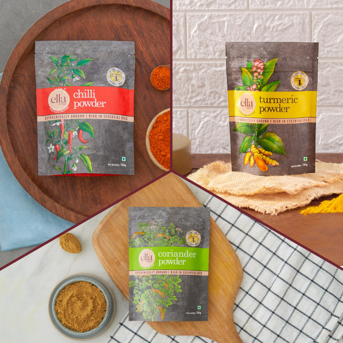 Ella Foods - Spices Combo - Pack of 3 - Chilli, Turmeric, Coriander Powder (100g x 3)